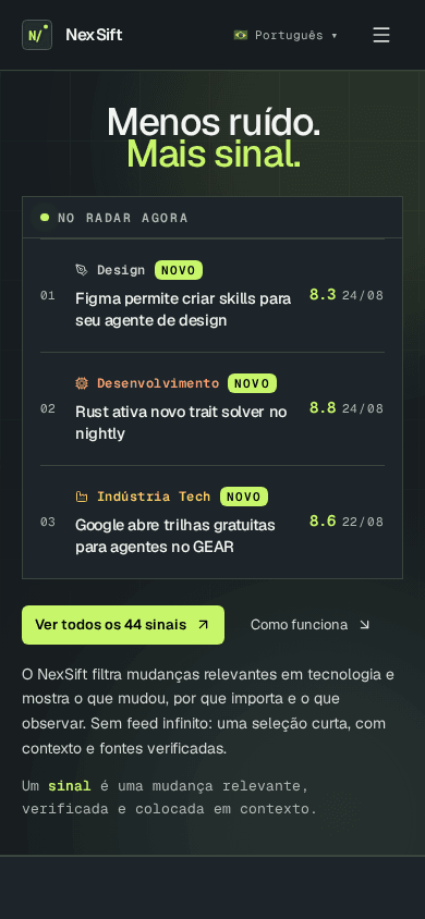 Versão móvel do NexSift mostrando três sinais recentes e suas notas de relevância