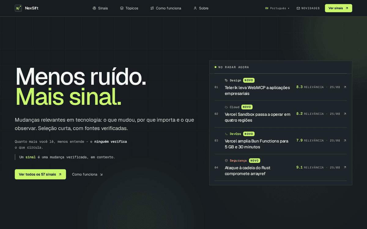 Página inicial do NexSift com a mensagem Menos ruído, mais sinal e quatro sinais recentes