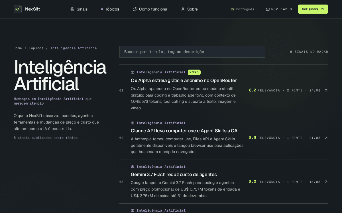 Página do tópico de Inteligência Artificial do NexSift com seis sinais e notas de relevância